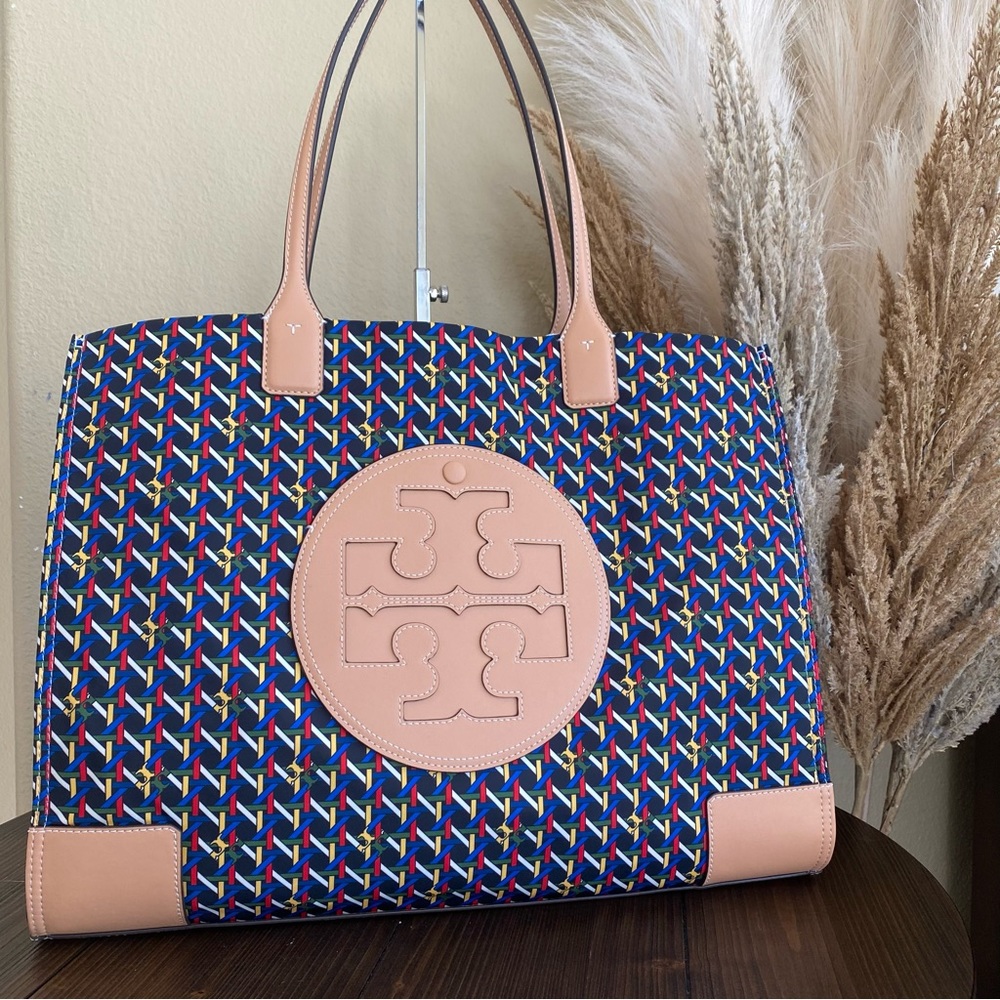 Tory Burch Blue and Tan Patterned Tote
